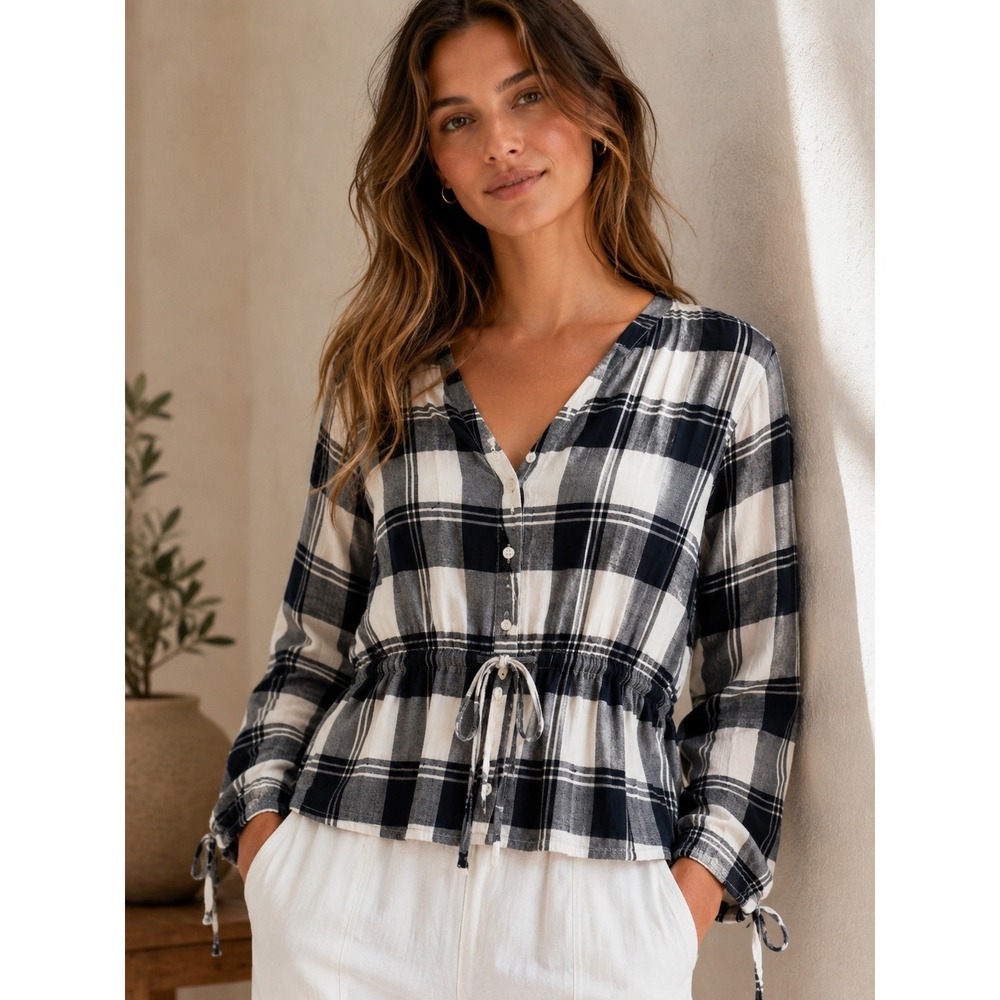NWT LACAUSA Plaid Herringbone Drawstring Peplum Top Women S Black White Tie Cuff